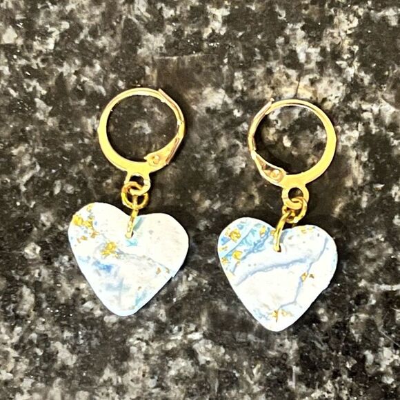 NEW White, Blue, & Gold Leaf Marbled Resin & Polymer Clay Heart Dangle Earrings - Picture 3 of 4